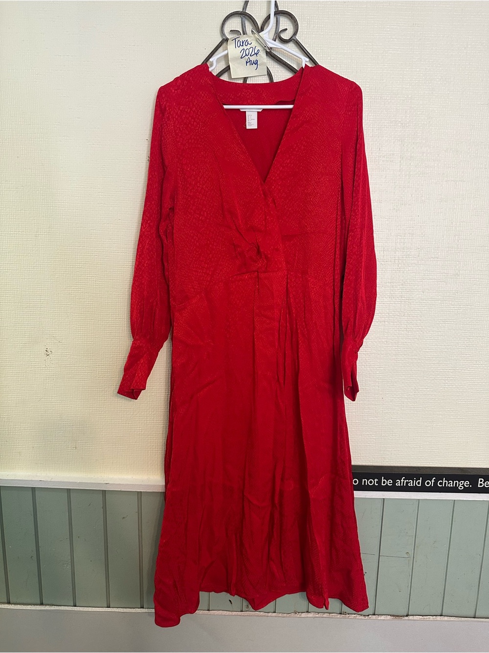 H&M Red V-Neck Long Sleeve Midi Dress